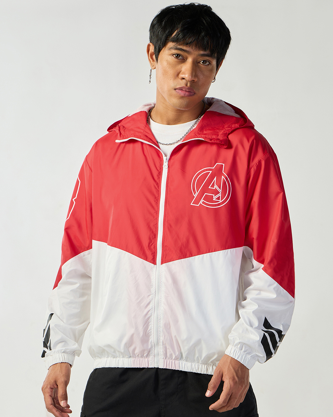 Shop Men's White & Red Graphic Printed Oversized Windcheater Jacket-Back