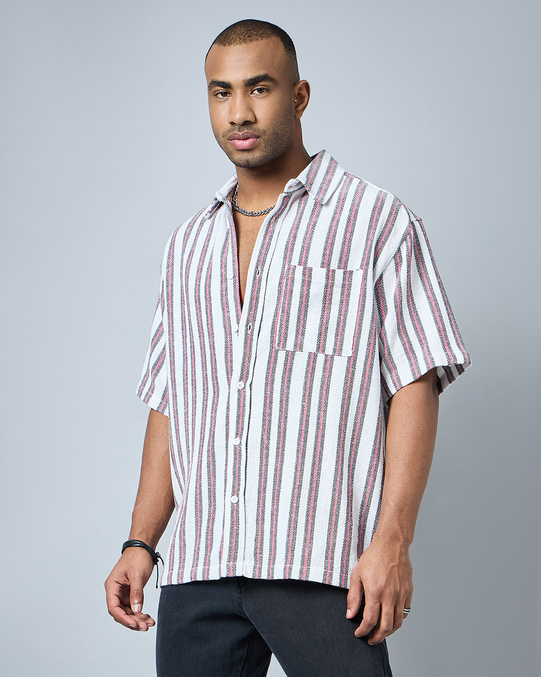 Shop Men's White & Pink Striped Oversized Shirt-Back