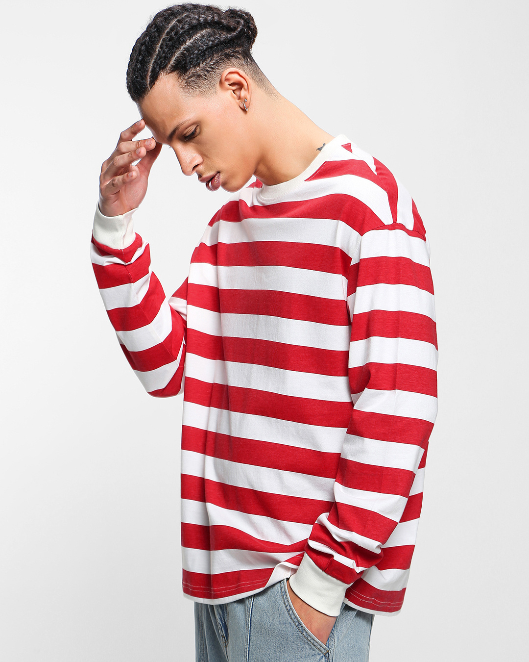 Shop Men's White & Red Striped Oversized T-shirt-Back