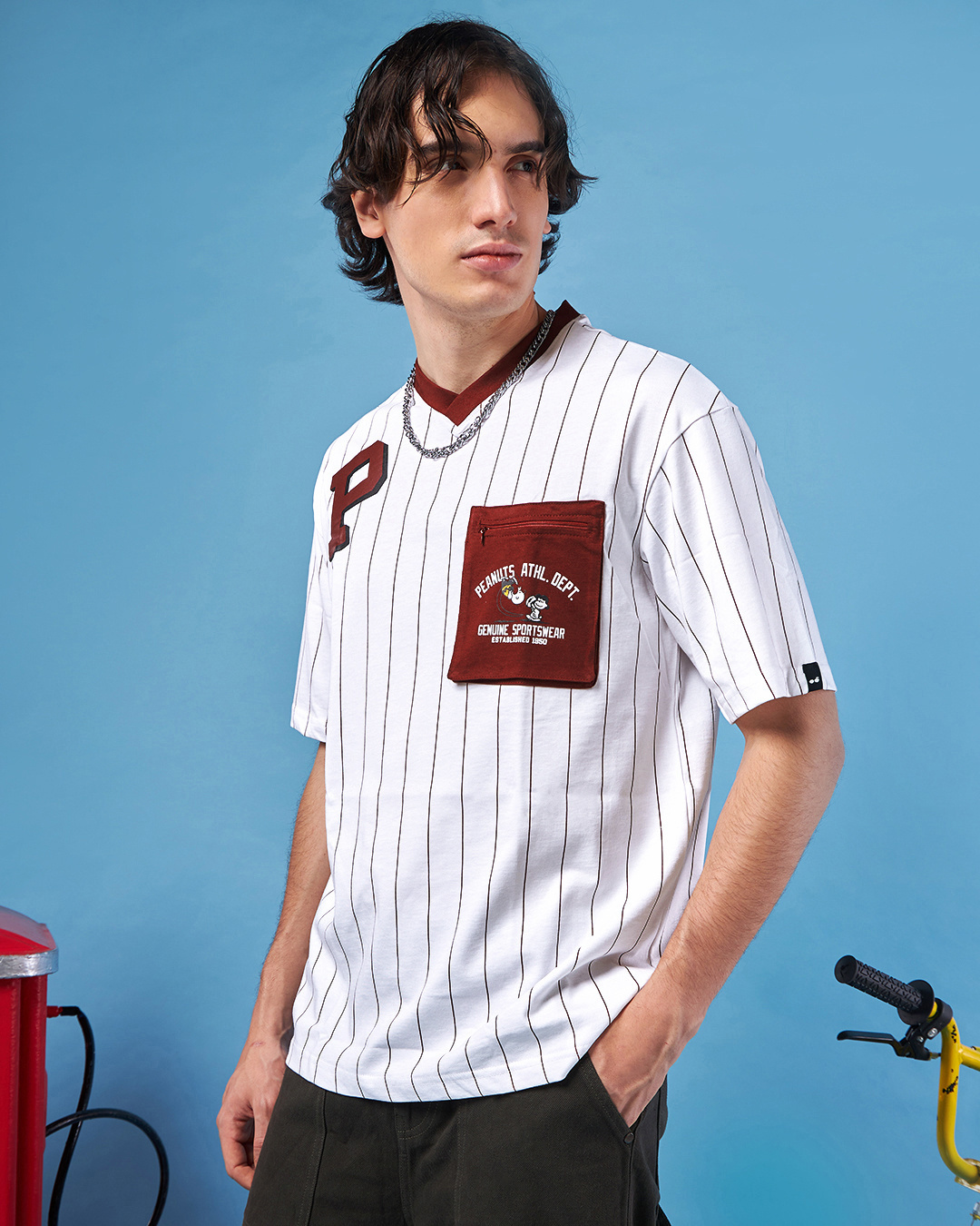 Shop Men's White & Red Striped Oversized T-shirt-Back
