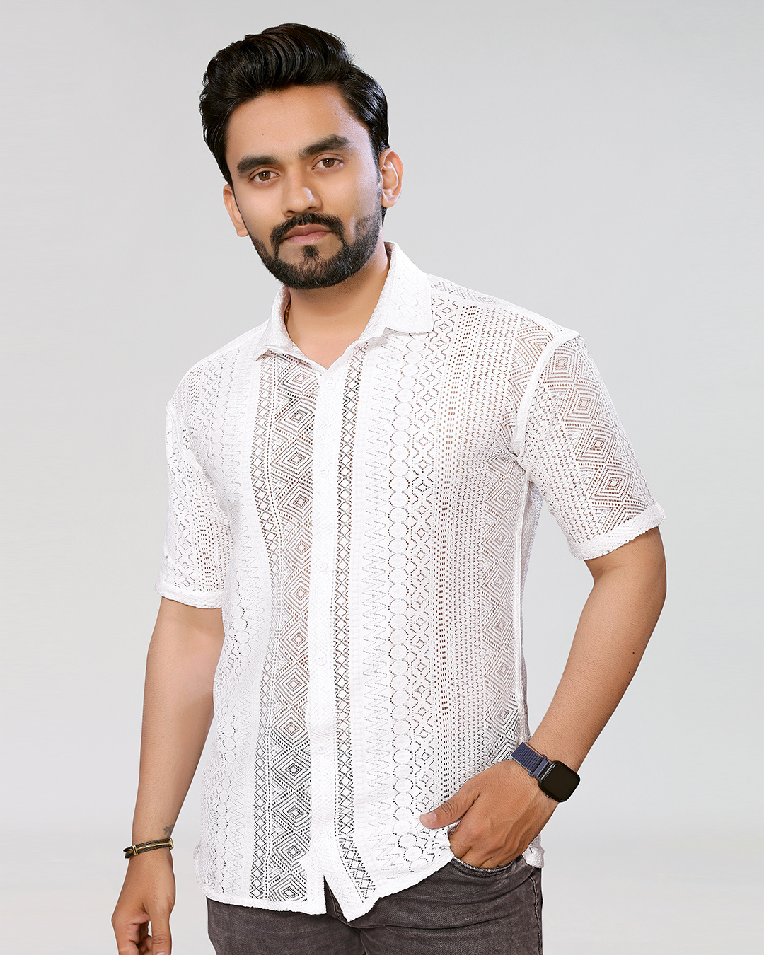 Buy Men s White Relaxed Fit Crochet Shirt Online at Bewakoof