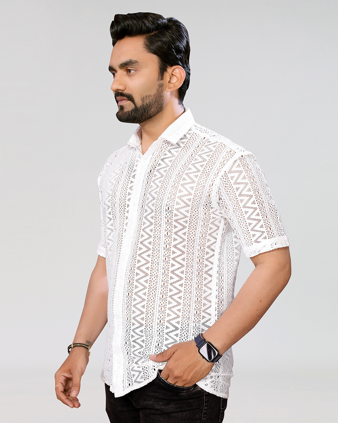 Shop Men's White Relaxed Fit Crochet Shirt-Back