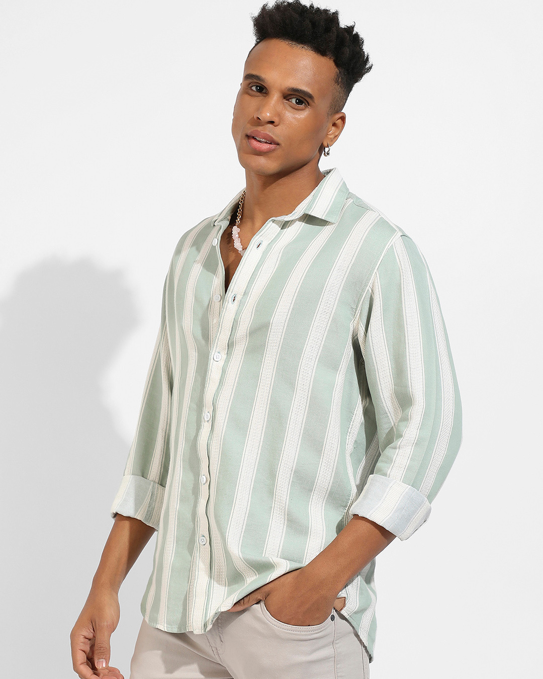 Shop Men's White & Sage Green Striped Shirt-Back