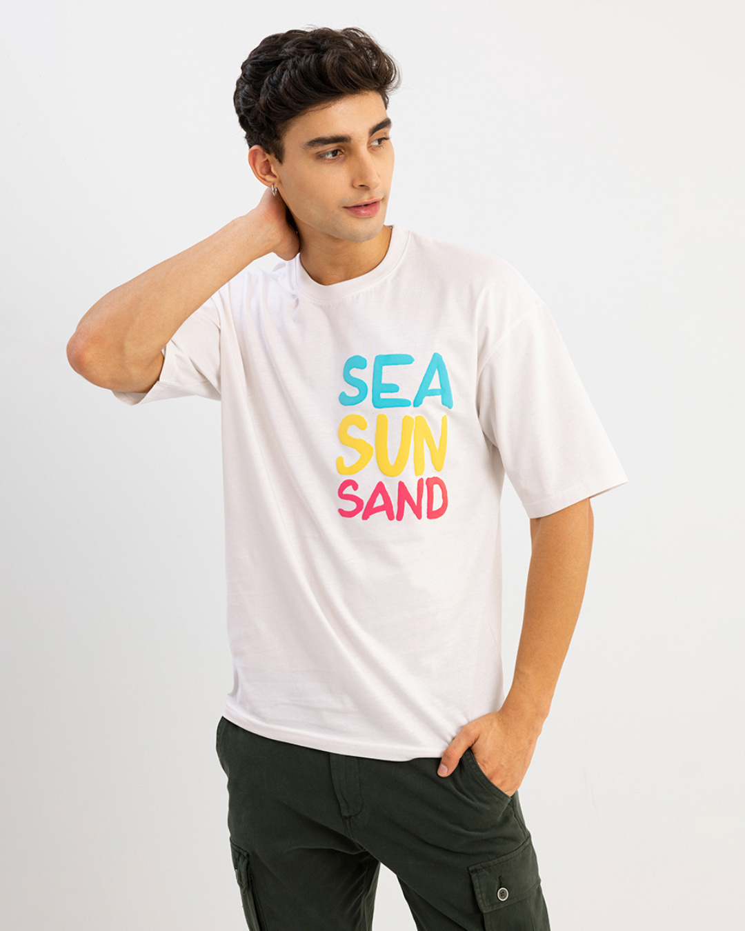 Shop Men's White Sea Sun Sand Typography Oversized T-shirt-Back