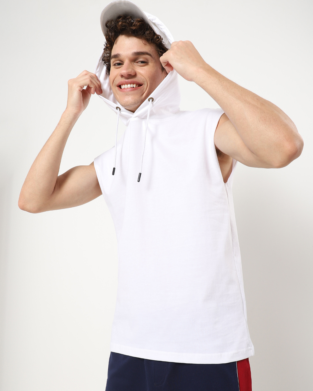 Shop Men's White Sleeveless Oversized Hoodie T-shirt-Front