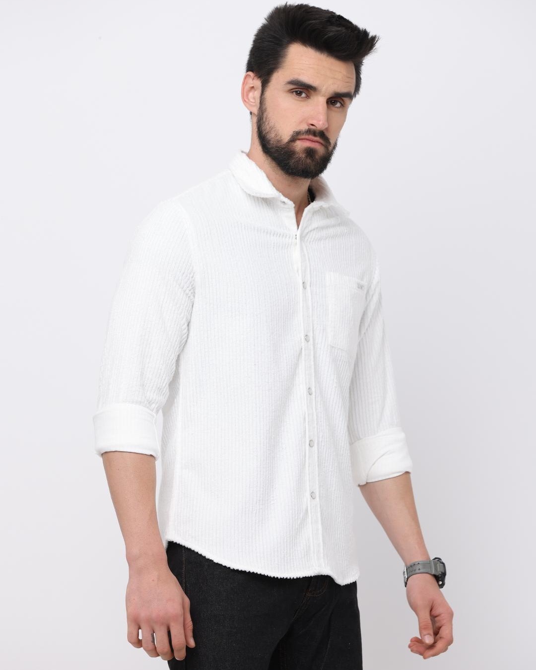 Shop Men's White Slim Fit Corduroy Shirt-Back