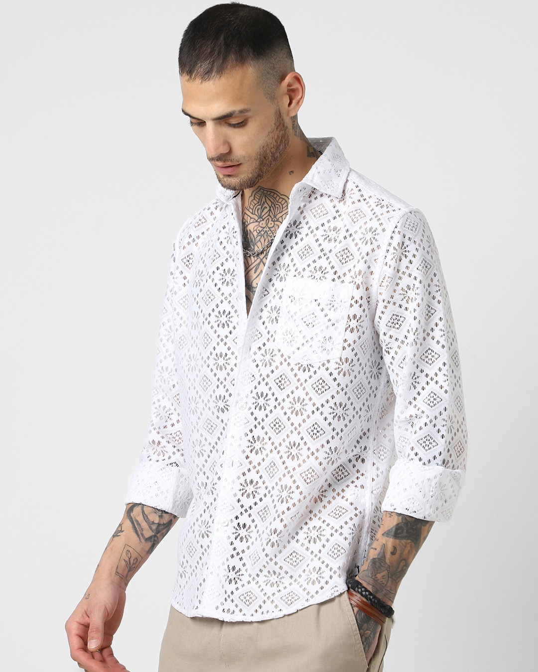 Shop Men's White Slim Fit Crochet Shirt-Back