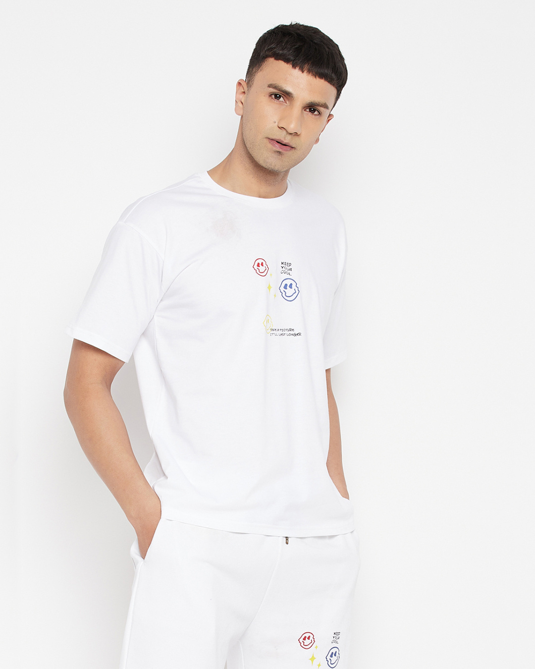 Shop Men's White Smiley Printed Oversized T-shirt-Back