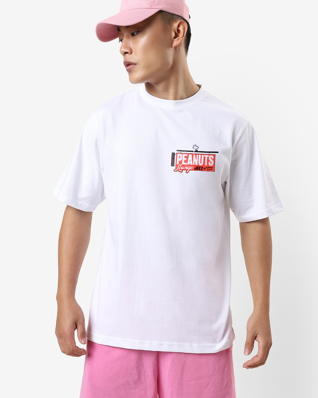 Shop Men's White Snoopy Shop Graphic Printed Oversized T-shirt-Back