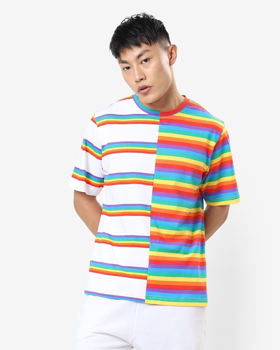 Shop Men's White Stripe Half N Half Oversized T-shirt-Back