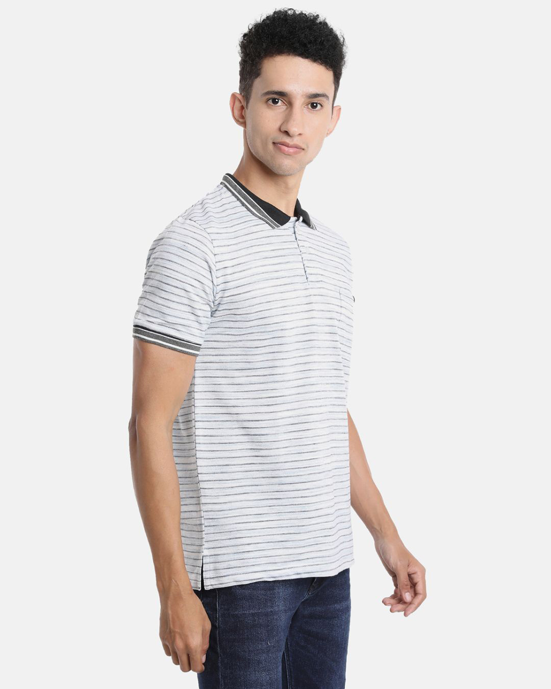Shop Men's White Striped Cotton Polo T-shirt-Back