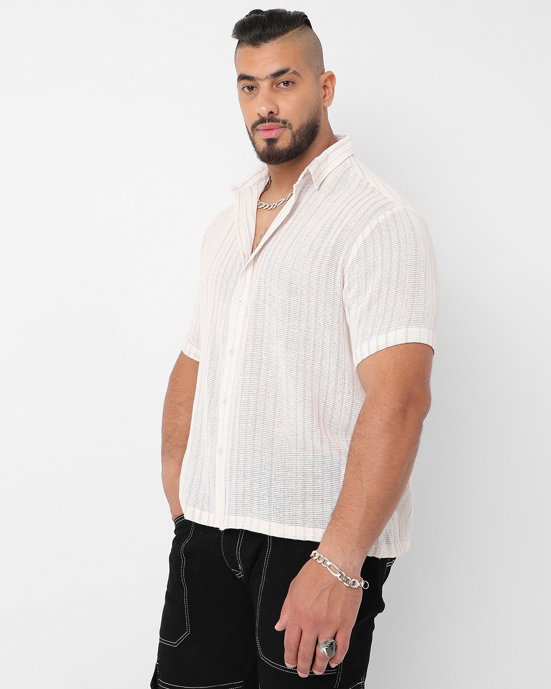 Shop Men's White & Lavender Striped Oversized Plus Size Shirt-Back