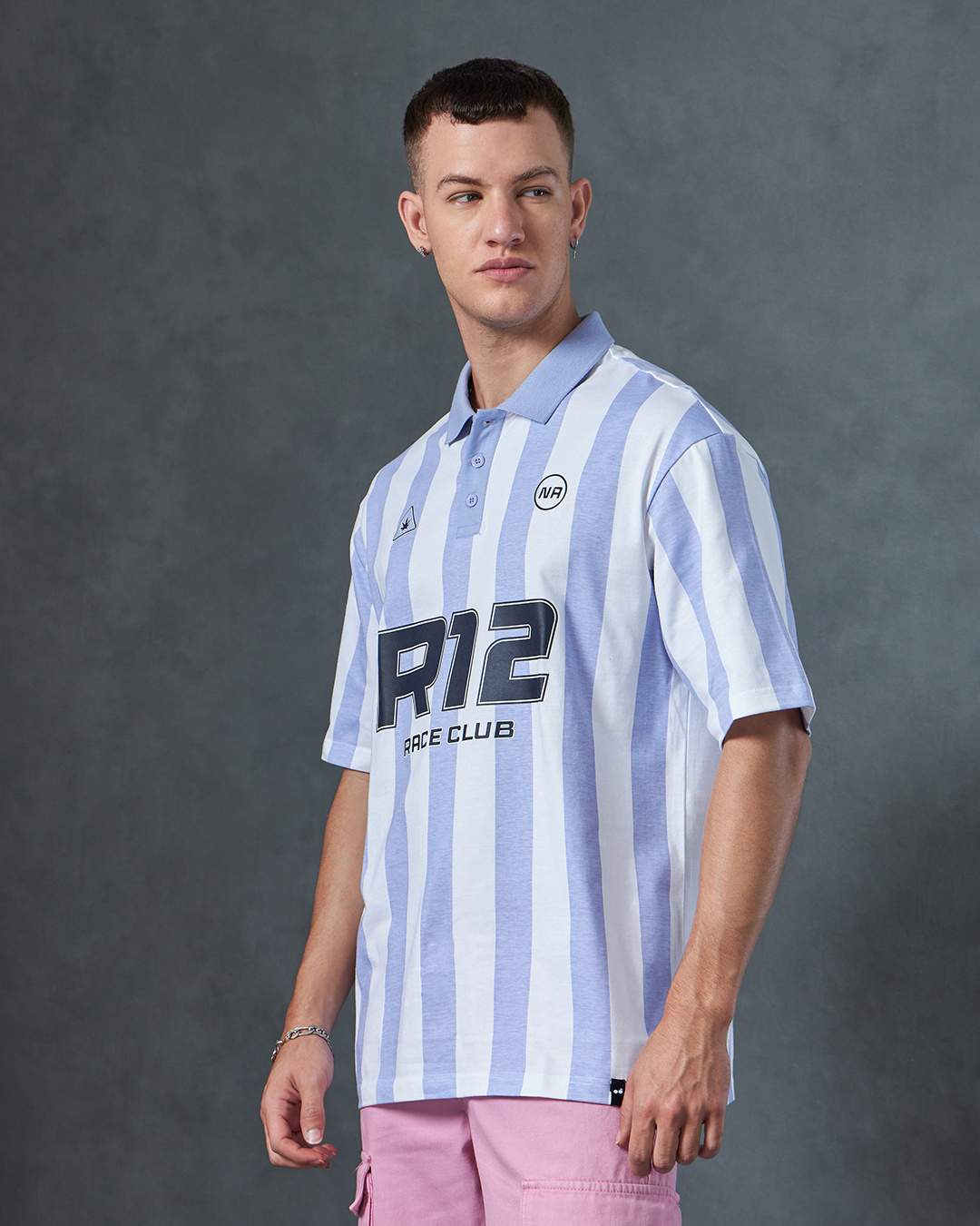 Shop Men's White & Blue R12 Race Club Striped Polo T-shirt-Back
