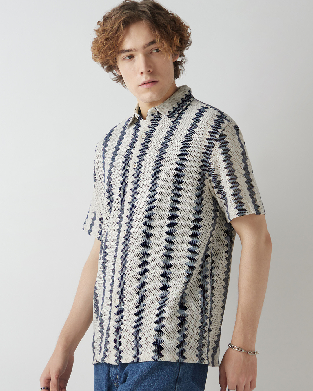 Shop Men's Off White & Blue Textured Oversized Shirt-Back