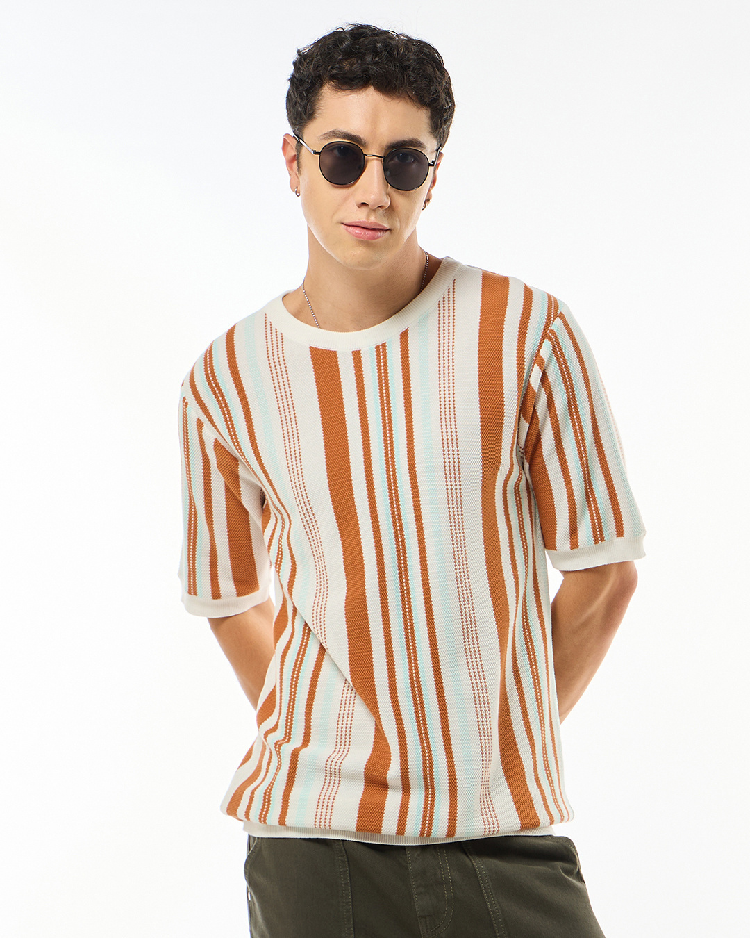 Shop Men's Off White & Brown Striped Flatknit T-shirt-Back