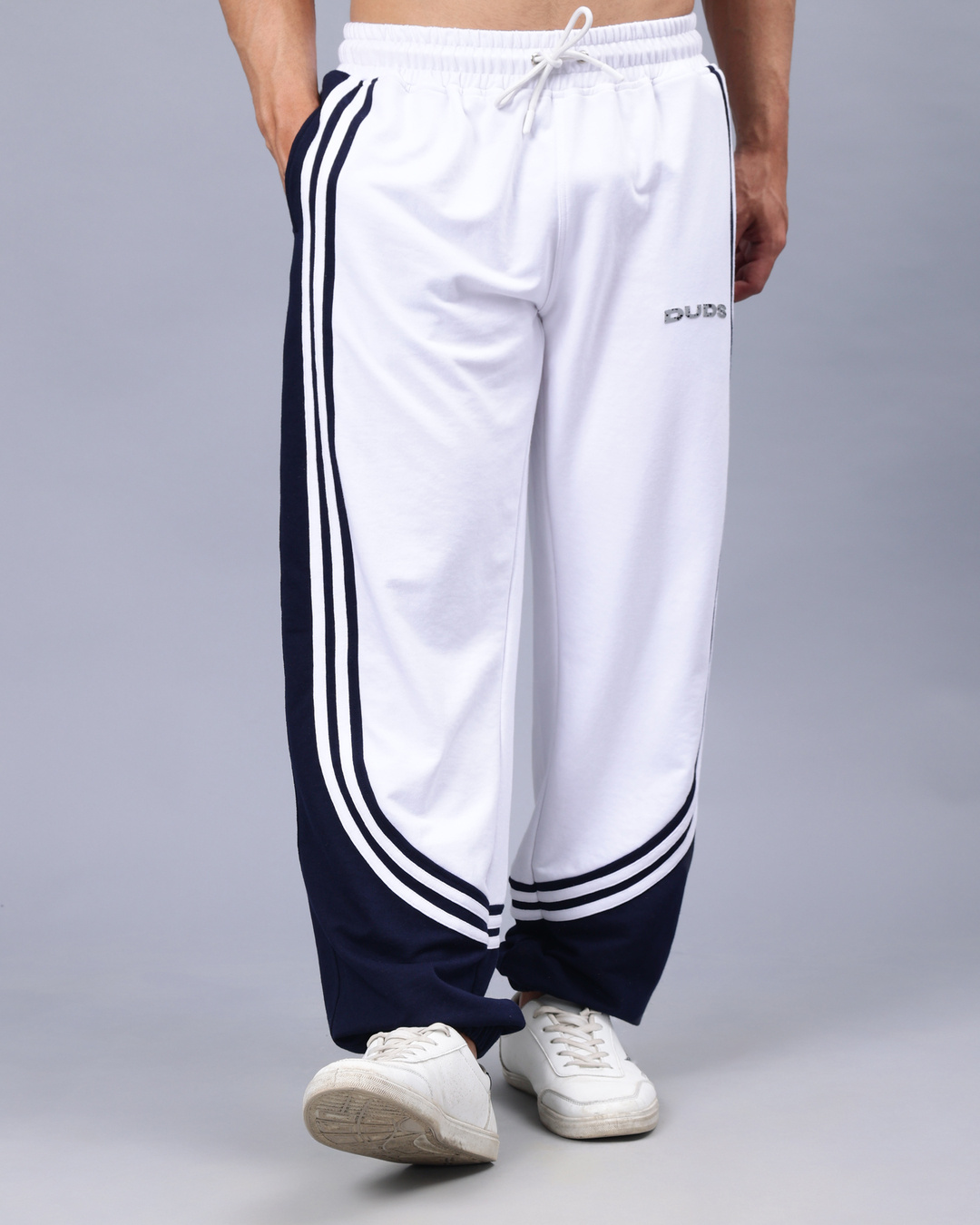 Shop Men's White & Navy Striped Relaxed Fit Joggers-Back