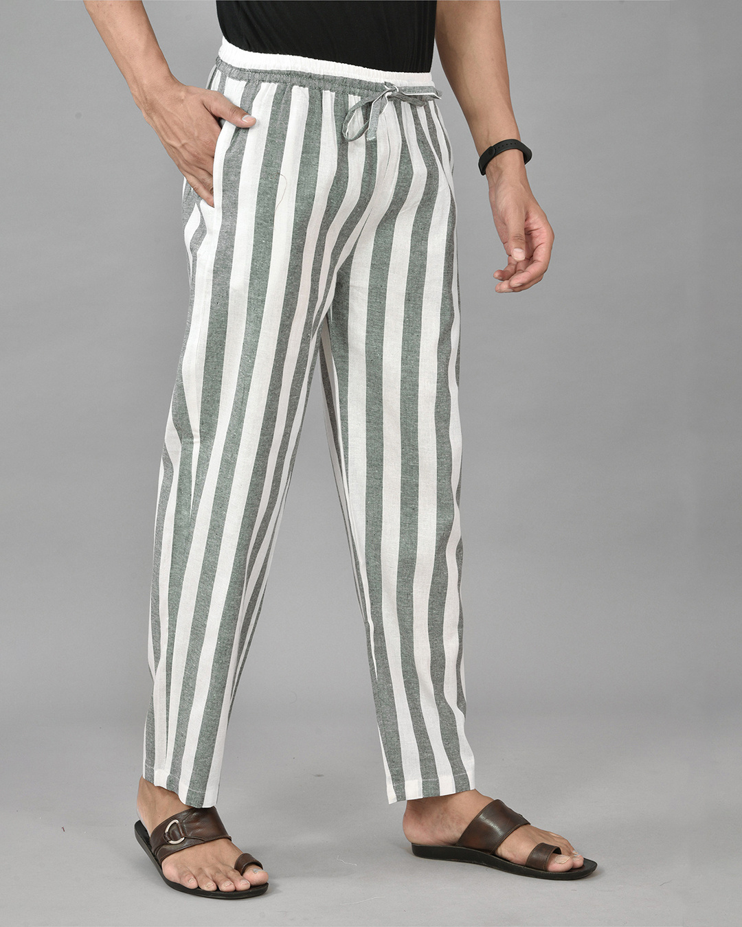 Shop Men's White Striped Casual Pants-Back
