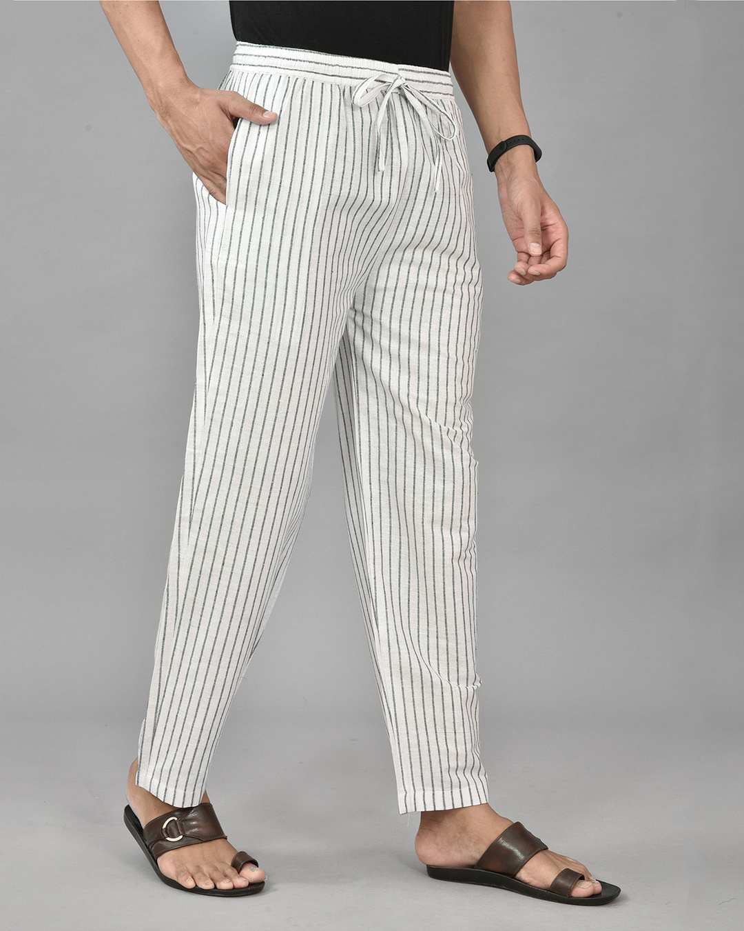 Shop Men's White Striped Casual Pants-Back