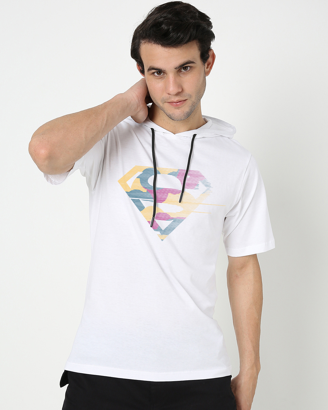 Shop Men's White Superman Line Art Graphic Printed Oversized Hoodie T-shirt-Back