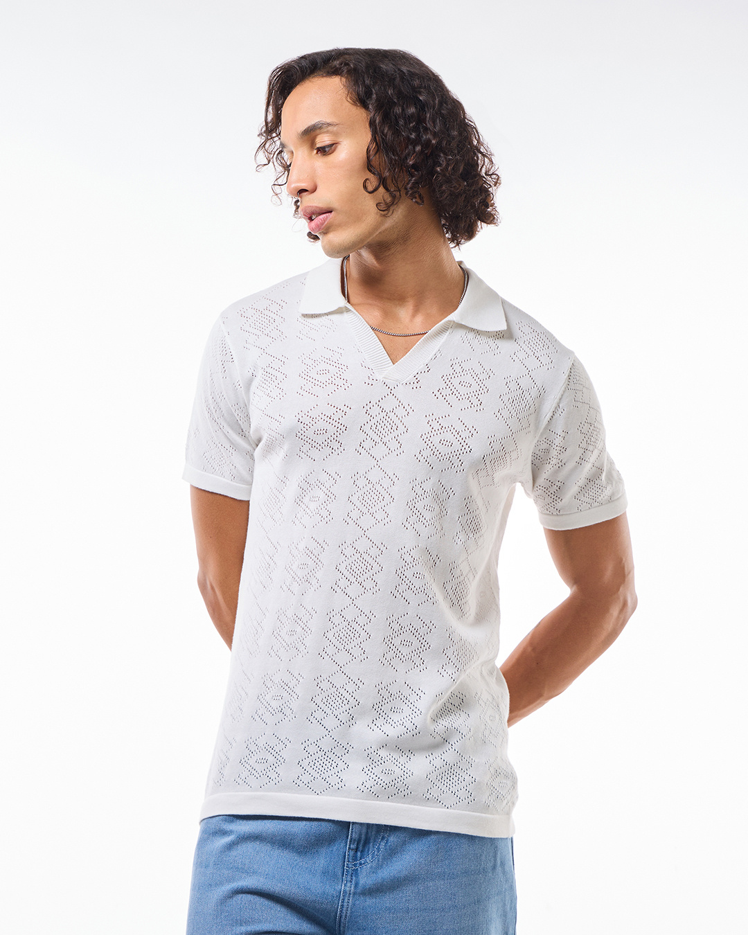 Shop Men's White Textured Flatknit Polo T-shirt-Back