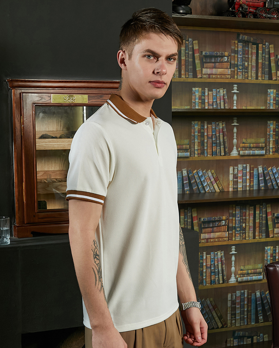 Shop Men's Cream White Textured Polo T-shirt-Back