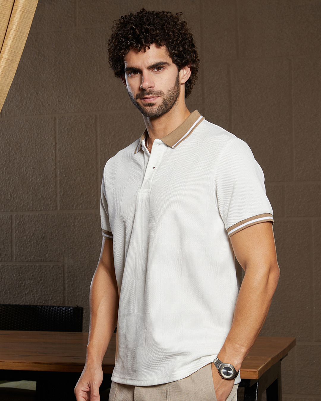 Shop Men's White Textured Polo T-shirt-Back