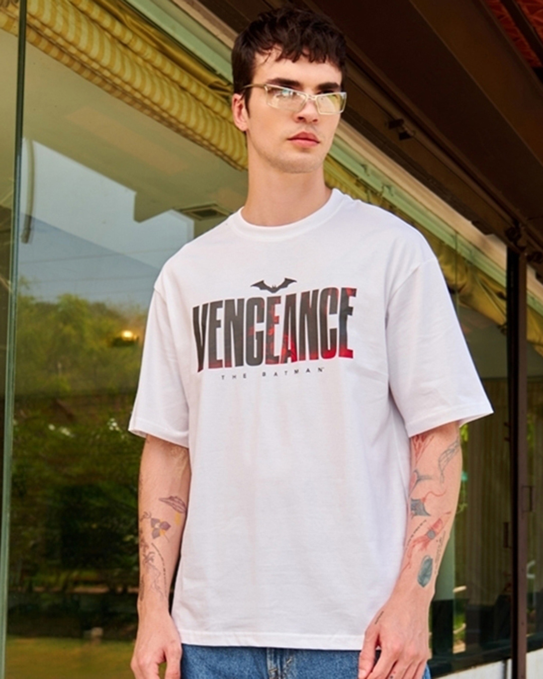 Shop Men's White Vengeance Typography Oversized T-shirt-Back