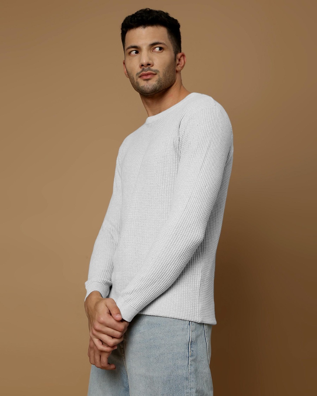 Shop Men's White Waffle Self Designed Slim Fit Sweater-Back