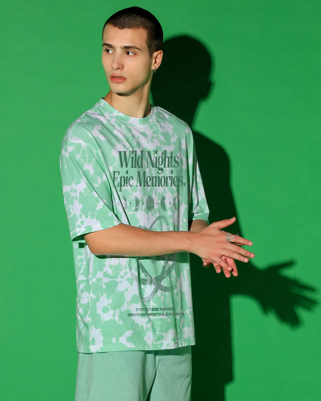 Shop Men's White & Green Wild Nights Graphic Printed Oversized T-shirt-Back