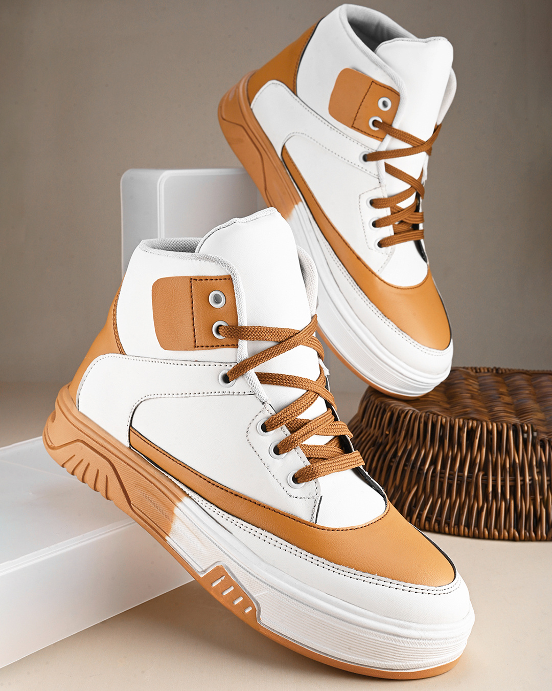 Buy Men's White & Orange Color Block HighTop Sneakers Online
