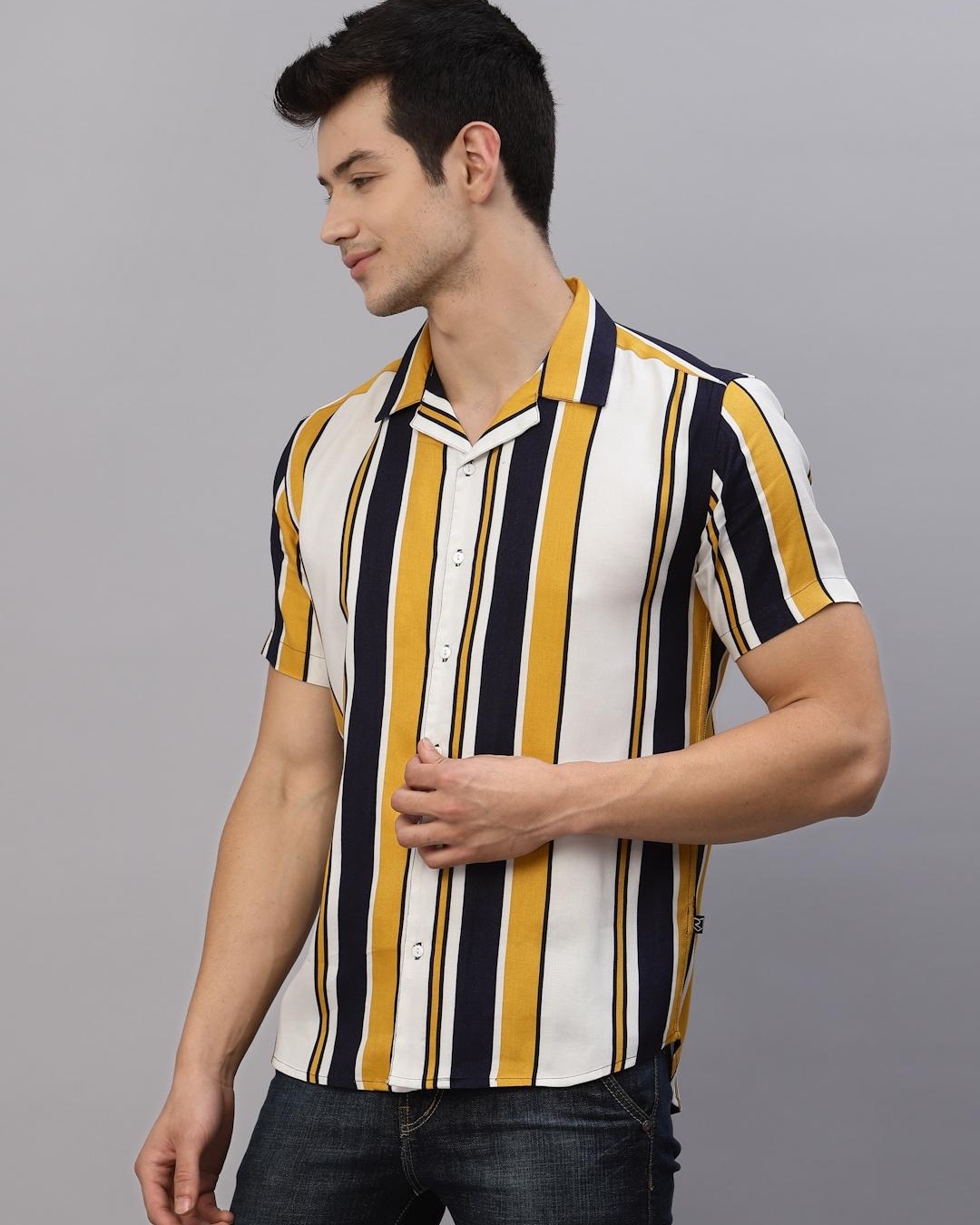 Shop Men's White & Yellow Striped Slim Fit Shirt-Back