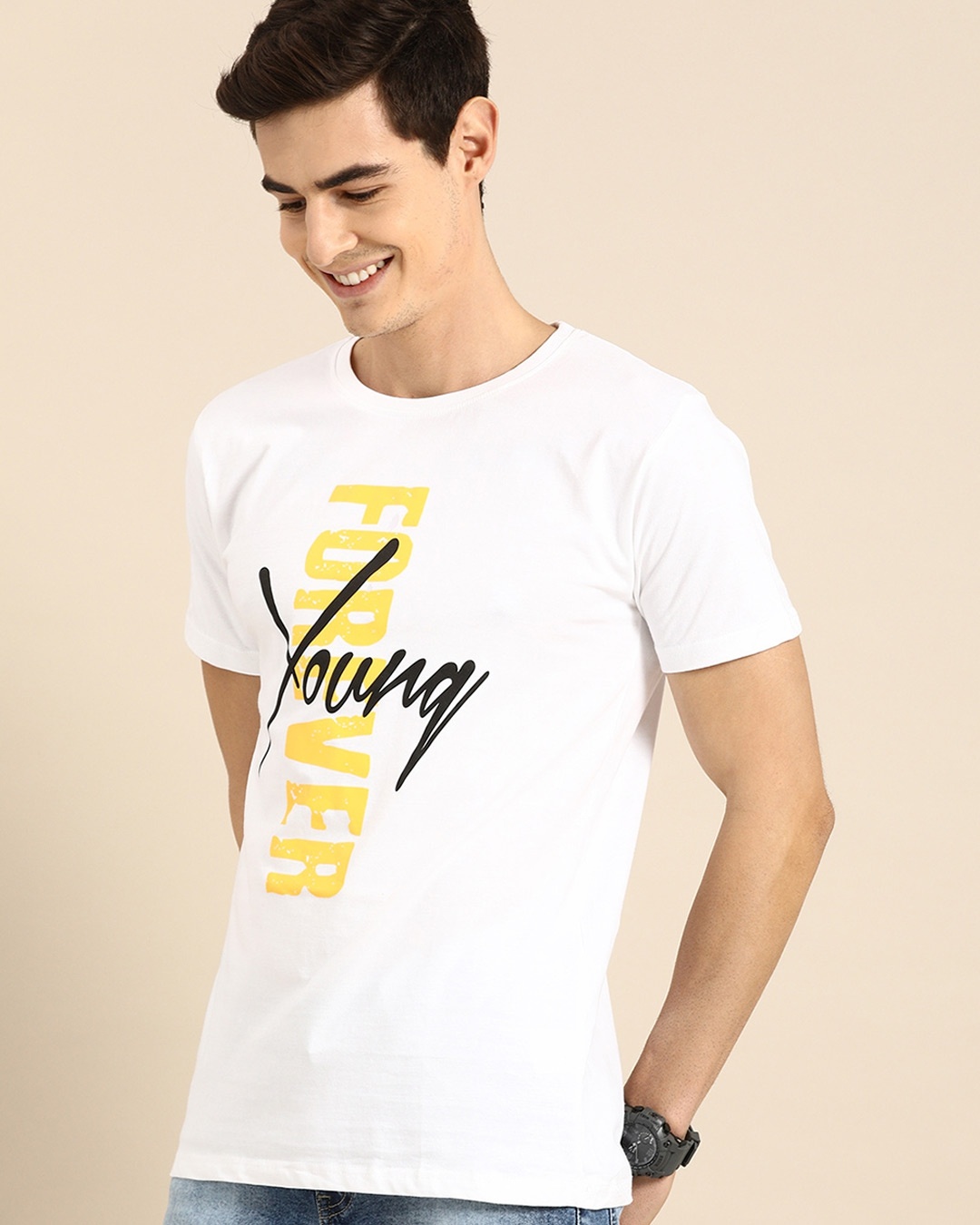 Shop Men's White Young Forever Typography T-shirt-Back
