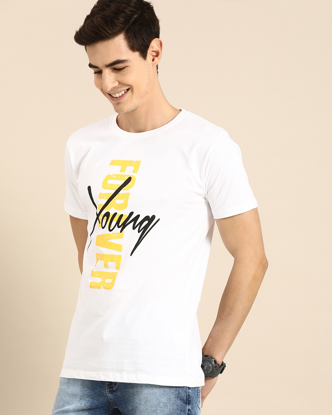 Shop Men's White Young Forever Typography T-shirt-Back