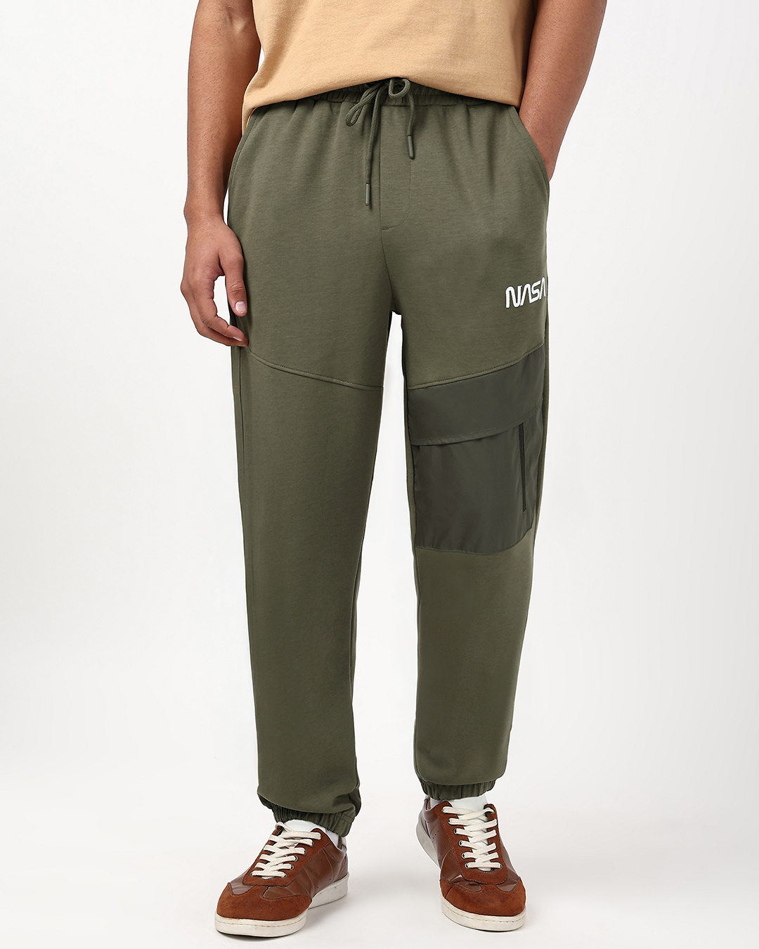 Shop Men's Winter Moss Green Nasa Typography Oversized Joggers-Back