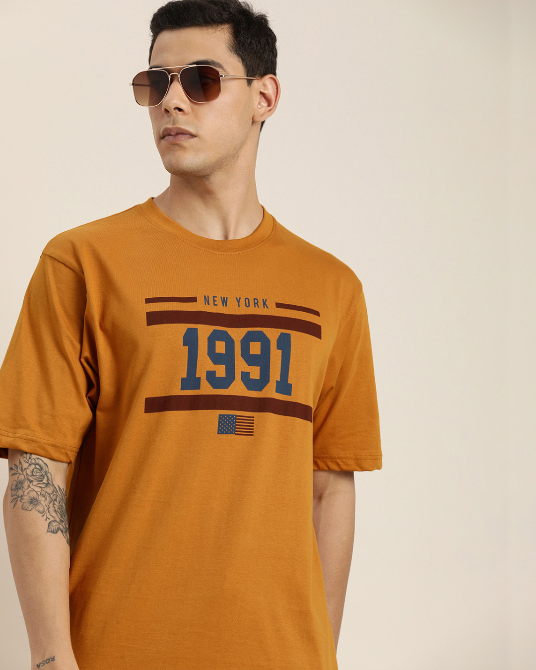 Shop Men's Yellow 1991 Typography Oversized T-shirt-Back