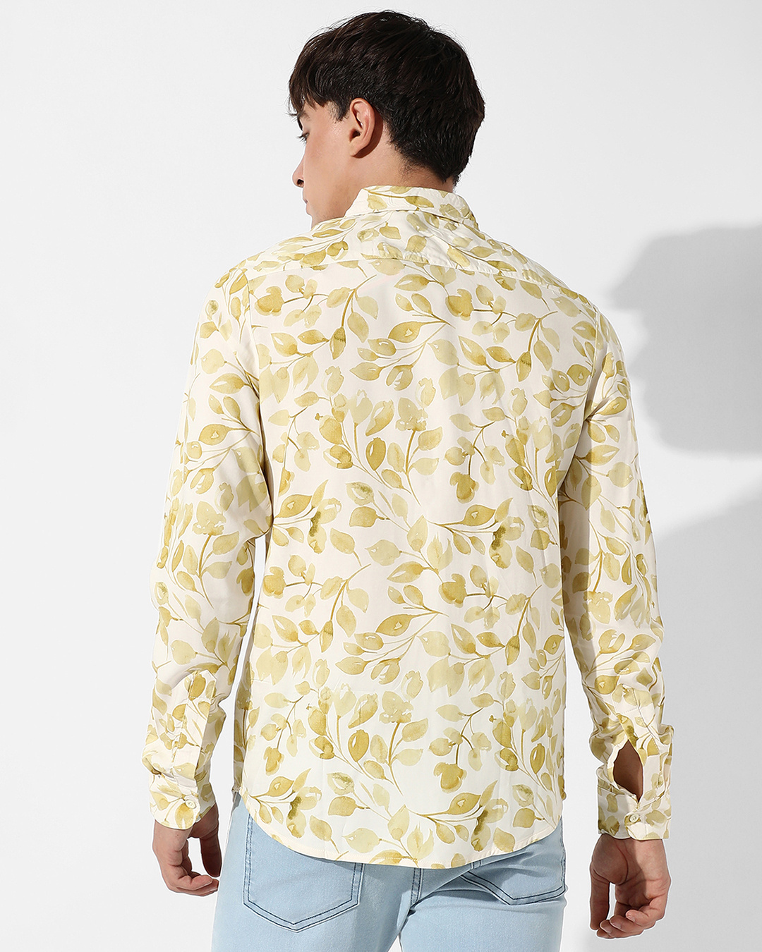 Shop Men's Yellow All Over Leaf Printed Shirt-Back