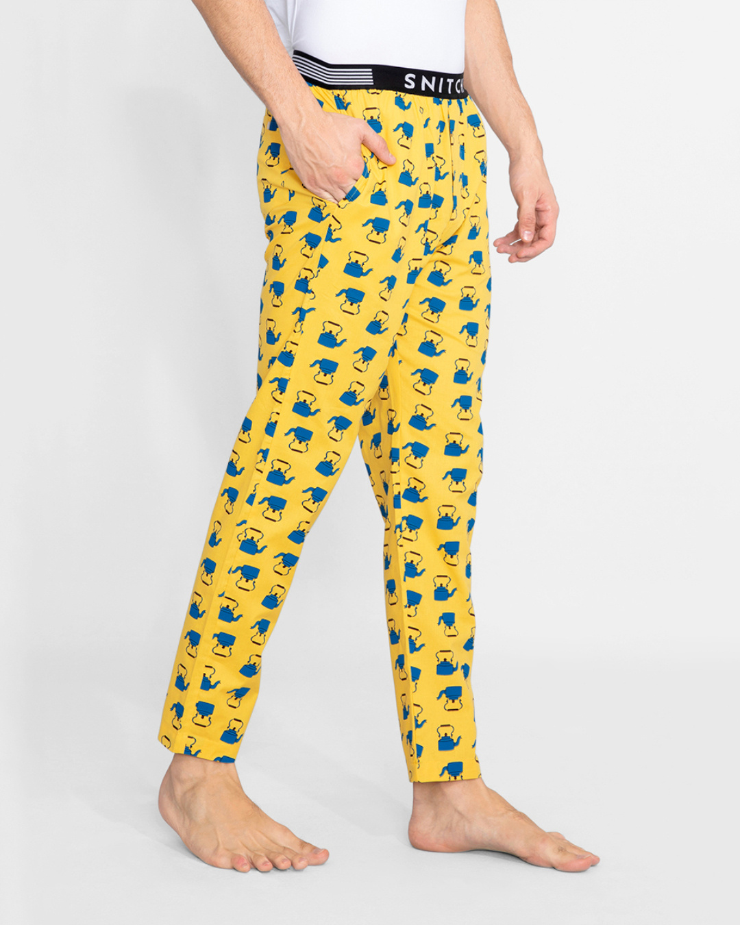 Buy Men's Yellow All Over Tea Kettles Printed Cotton Pyjamas Online in