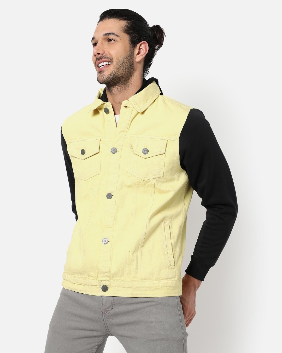 Shop Men's Yellow and Black Color Block Denim Hooded Jacket-Back