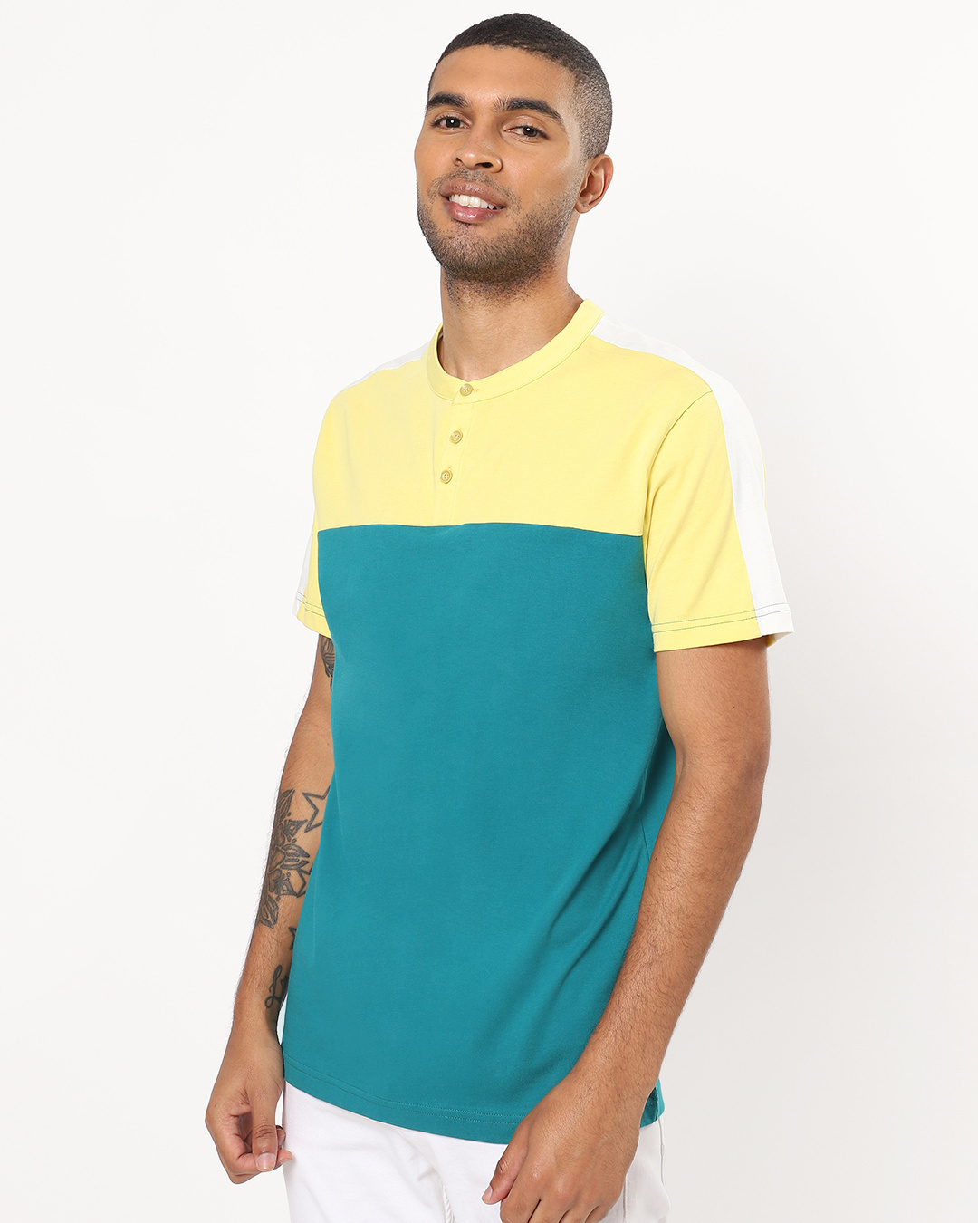 Shop Men's Yellow and Blue Color Block Henley T-shirt-Back