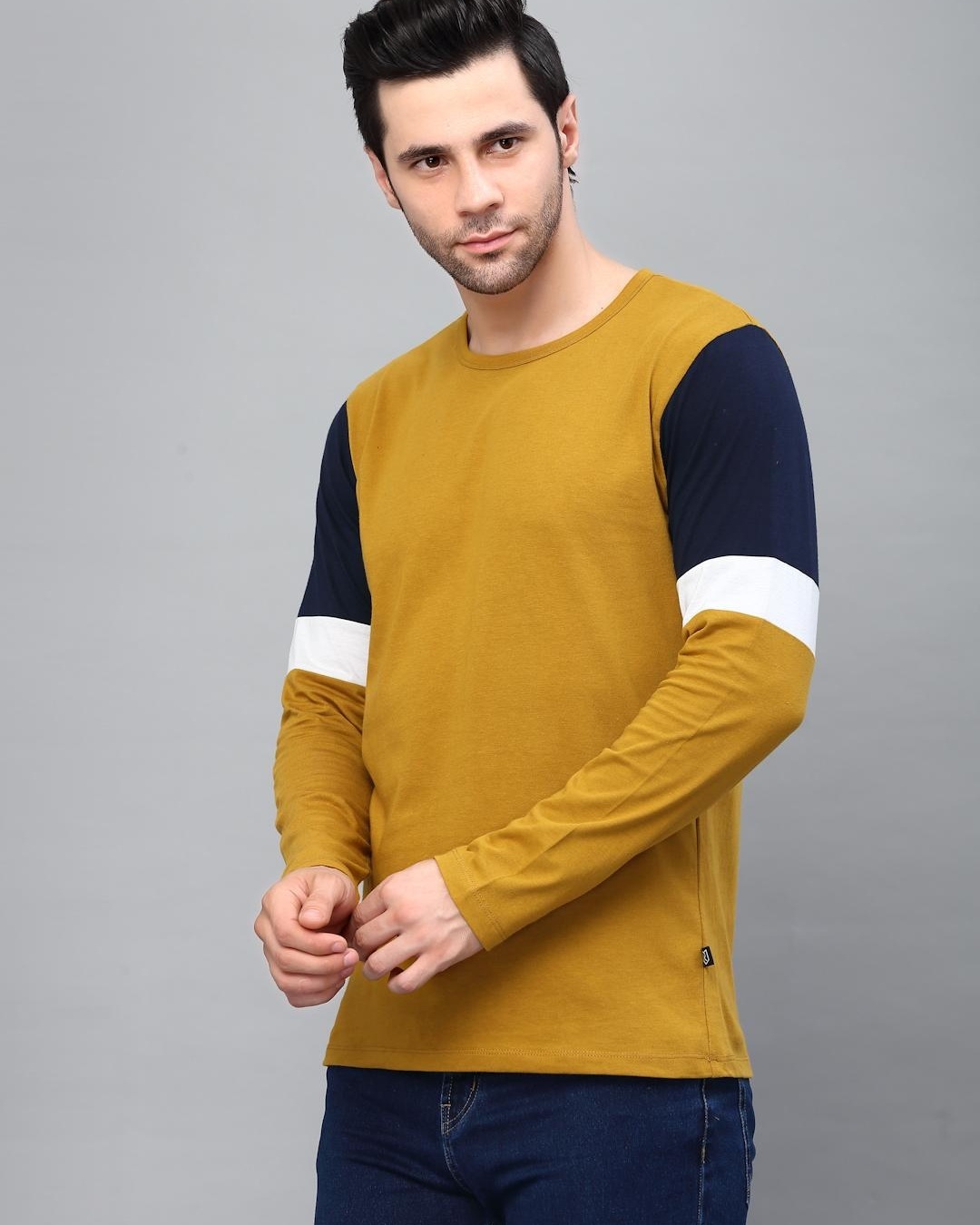 Shop Men's Yellow and Blue Color Block Slim Fit T-shirt-Back