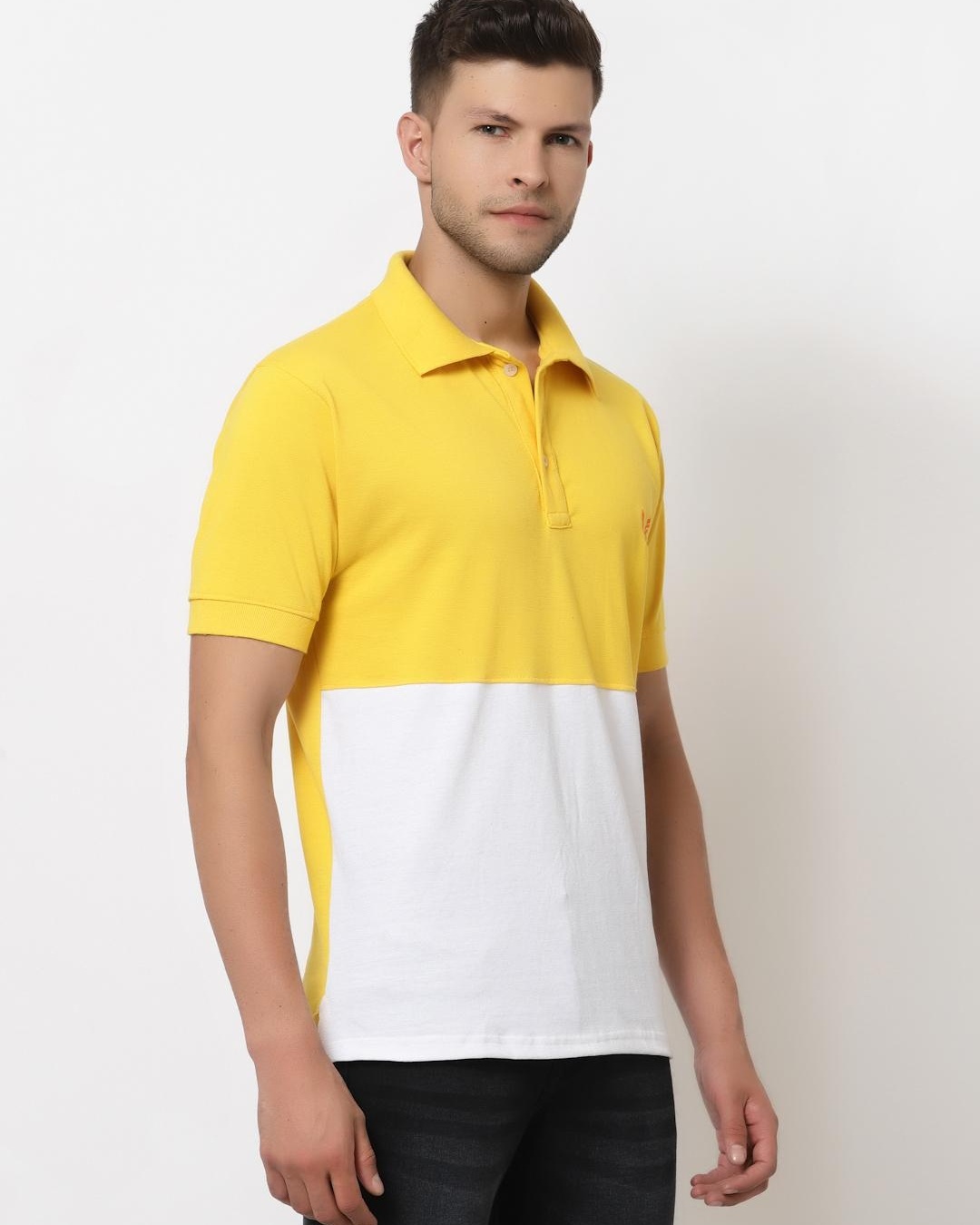 Shop Men's Yellow and White Color Block Polo T-shirt-Back