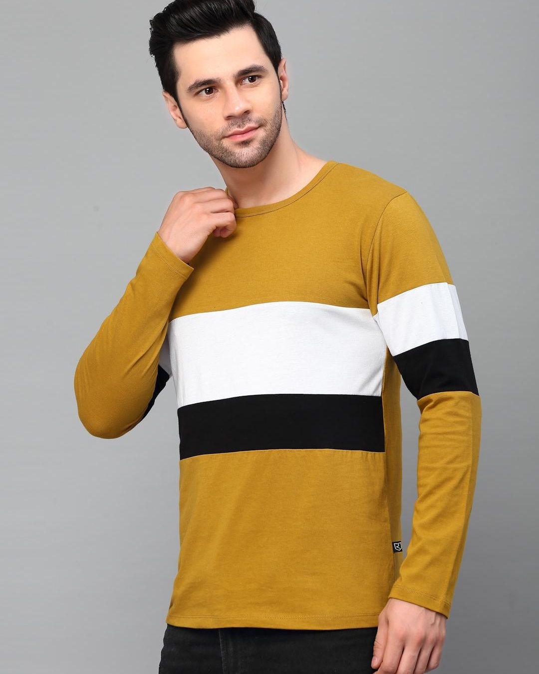 Shop Men's Yellow and White Color Block Slim Fit T-shirt-Back