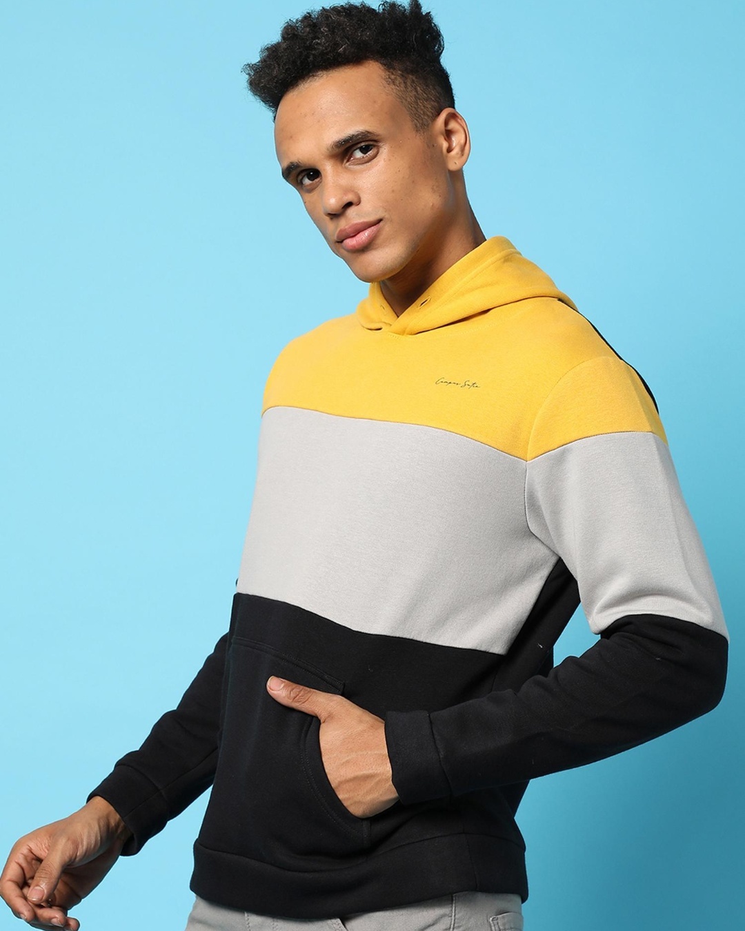 Shop Men's Yellow & Black Color Block Hooded Sweatshirt-Back