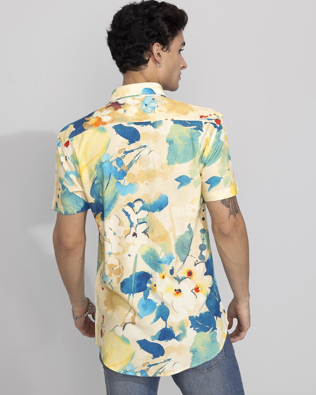 Shop Men's Yellow & Blue Abstract Printed Slim Fit Shirt-Back