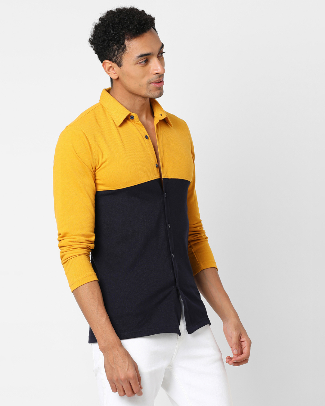 Shop Men's Yellow & Blue Color Block Cotton Shirt-Back