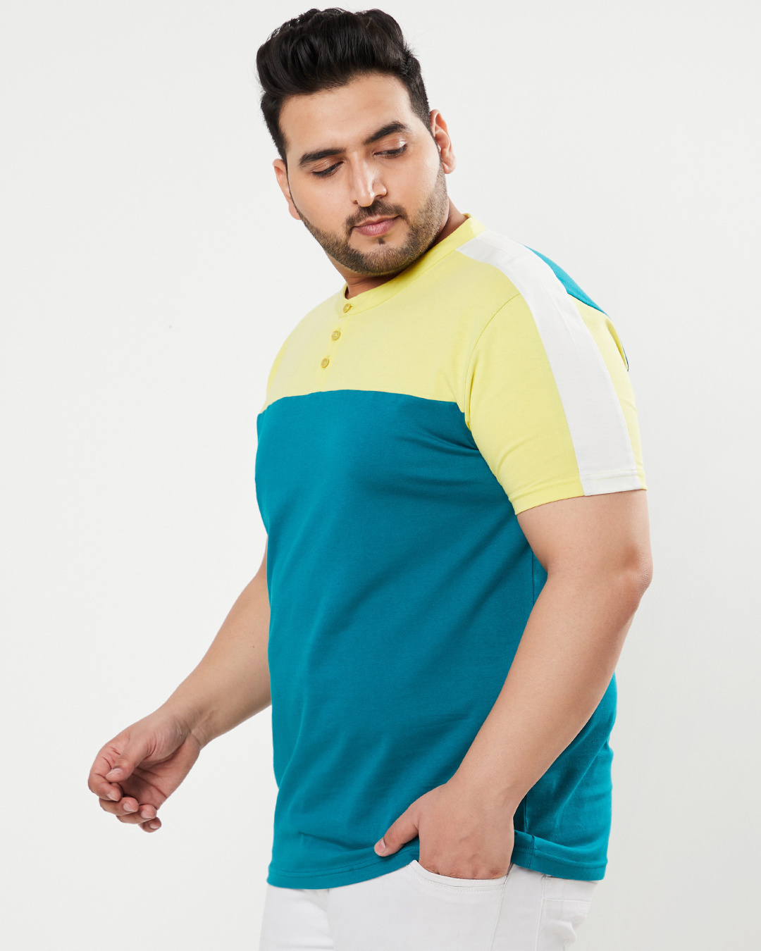 Shop Men's Yellow & Blue Color Block Plus Size Henley T-shirt-Back