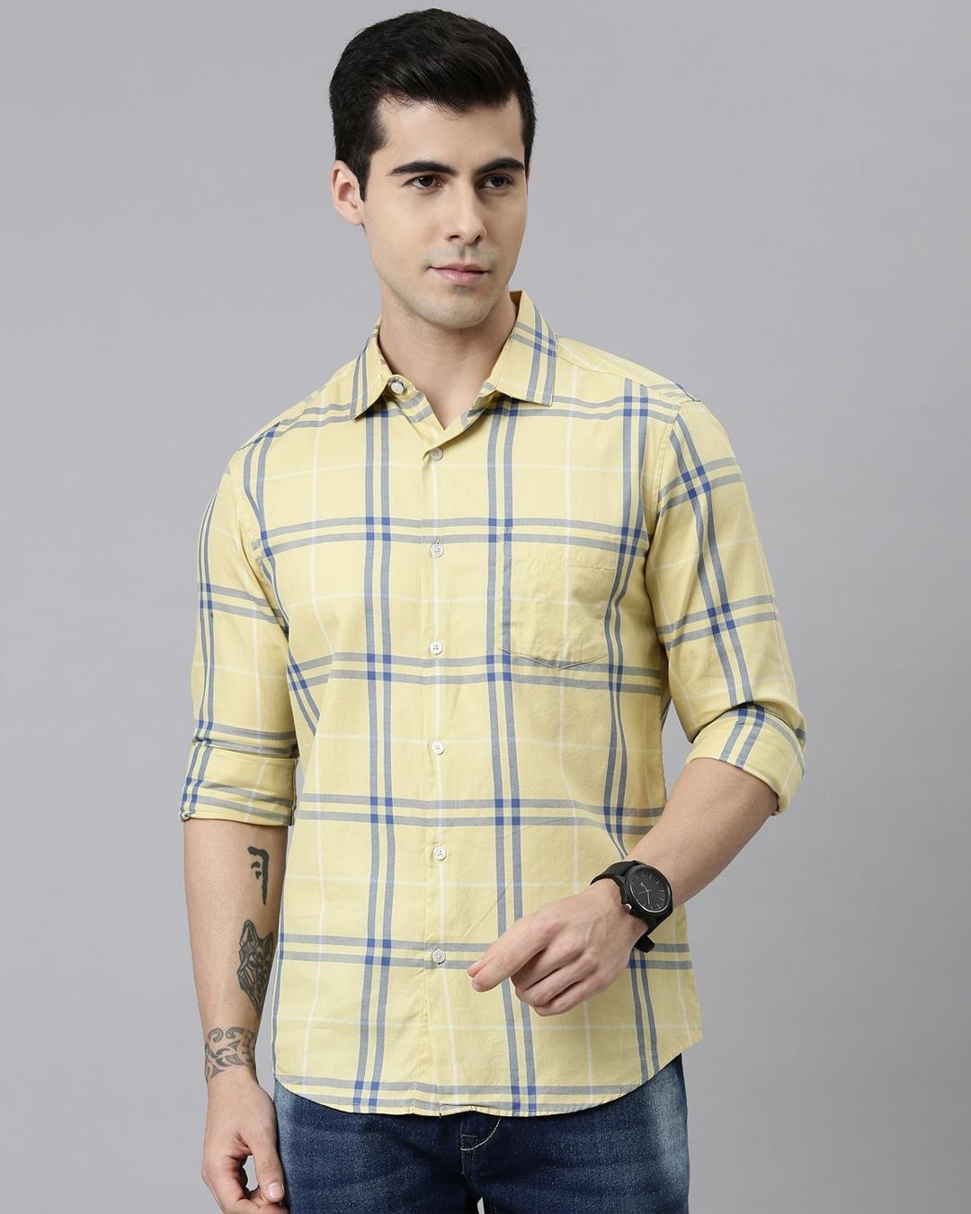 Buy Men's Yellow Checked Slim Fit Shirt for Men Yellow Online at Bewakoof