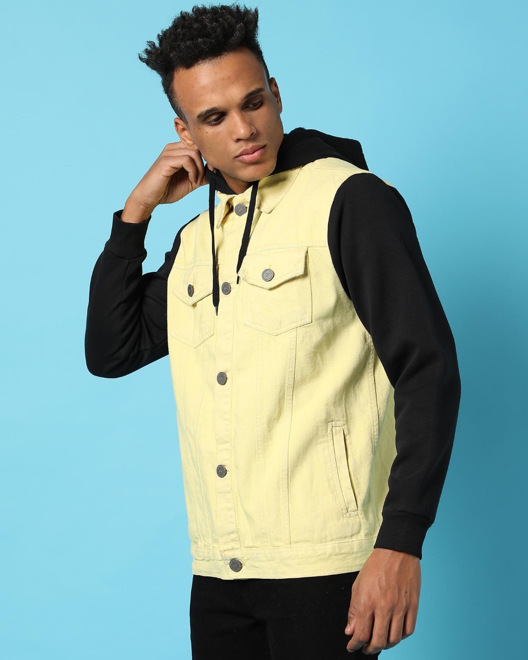 Shop Men's Yellow Color Block Denim Hoodie Jacket-Back