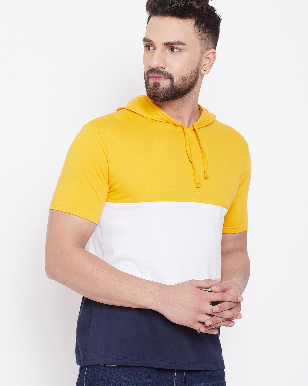 Shop Men's Yellow Color Block Hoodie T-shirt-Back