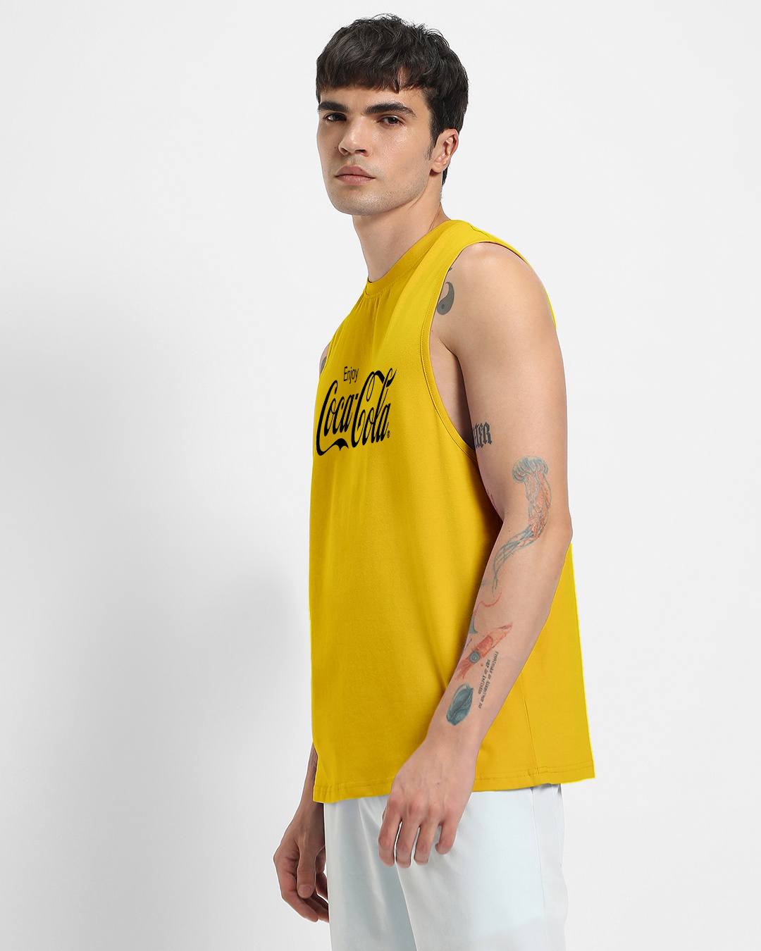 Shop Men's Yellow Enjoy Coca-Cola Typography Vest-Back